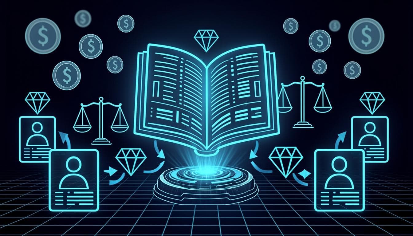 Khatawali — mobile credit and debit ledger visual with a glowing holographic ledger book and person profile cards