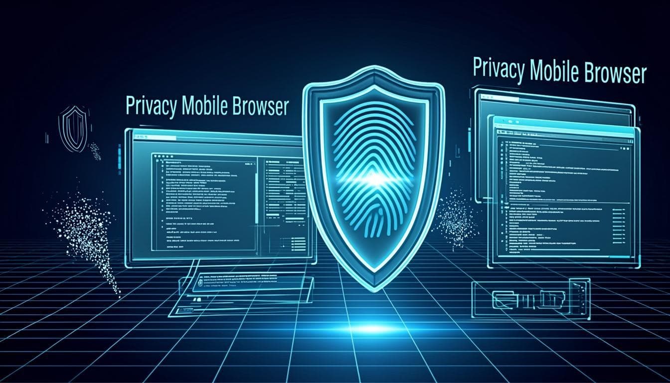Veyla — private Android workspace browser visual with floating browser panes, a shield emblem, and biometric lines